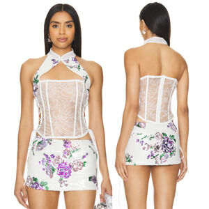 NWT Kim Shui Sequin Floral Bustier Corset Top & Micro Skirt Set White/Purple S